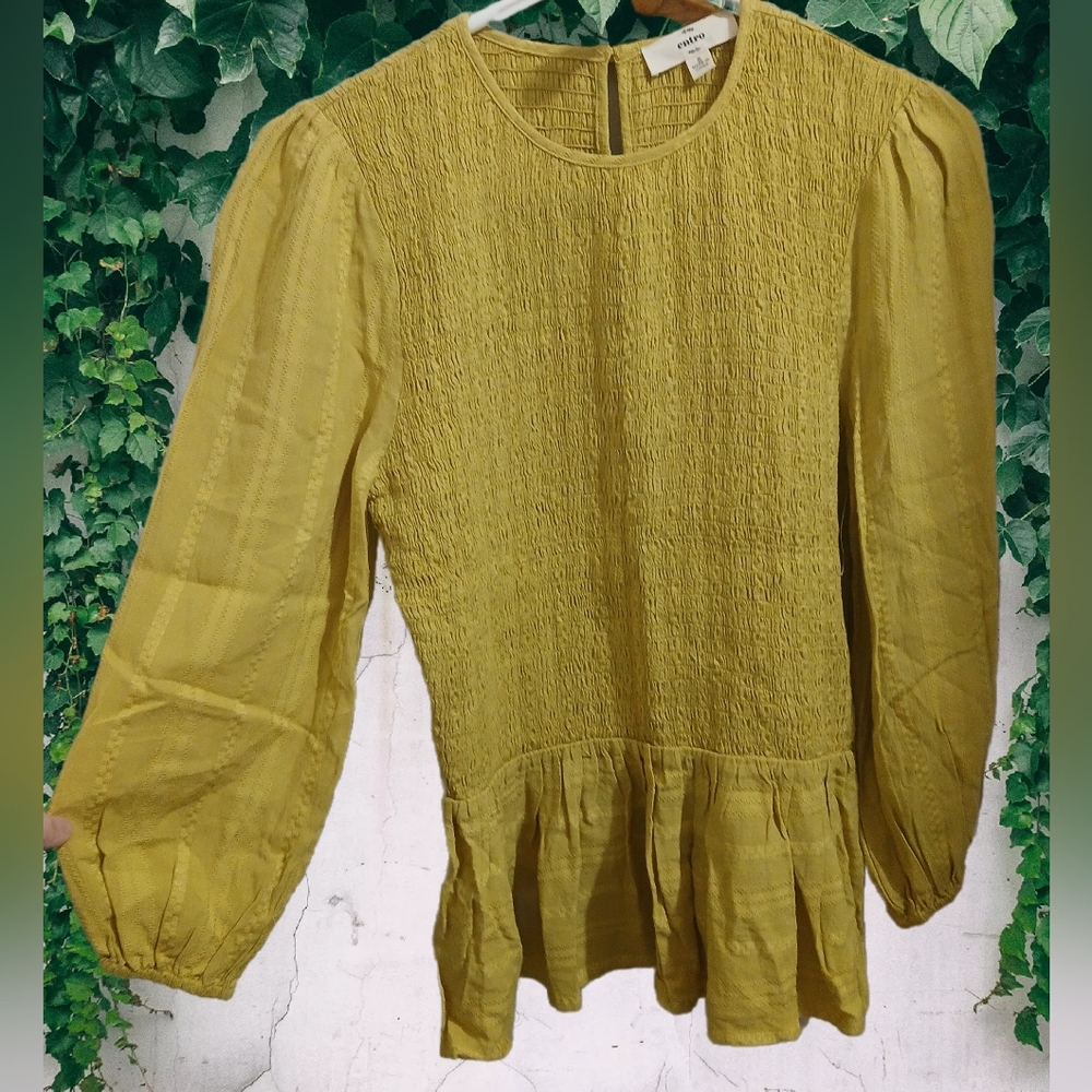 Entro- Antique Gold, Smocked, Peplum, Peasant Blouse